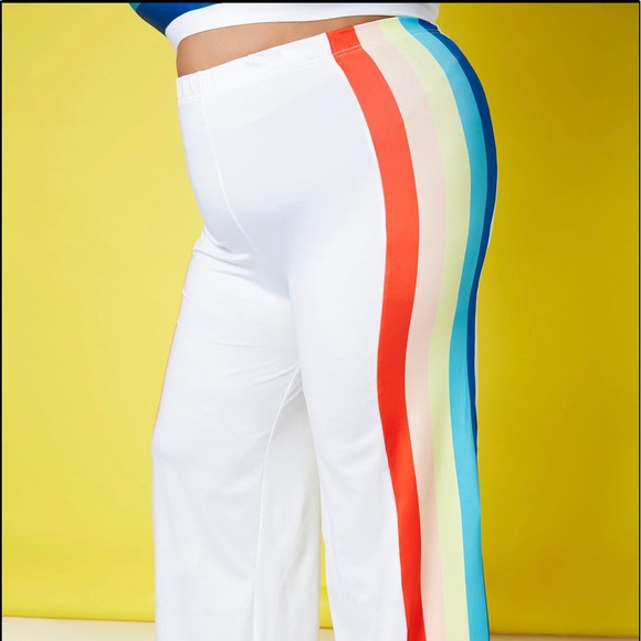 Rebdolls Pants - Rebdolls White Wide Leg Pants with Multicolor Side Stripes